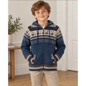 Handmade Ecuador Alpaca Llama Hooded Zip Sweater Youth Size 10 Blue Fair Isle